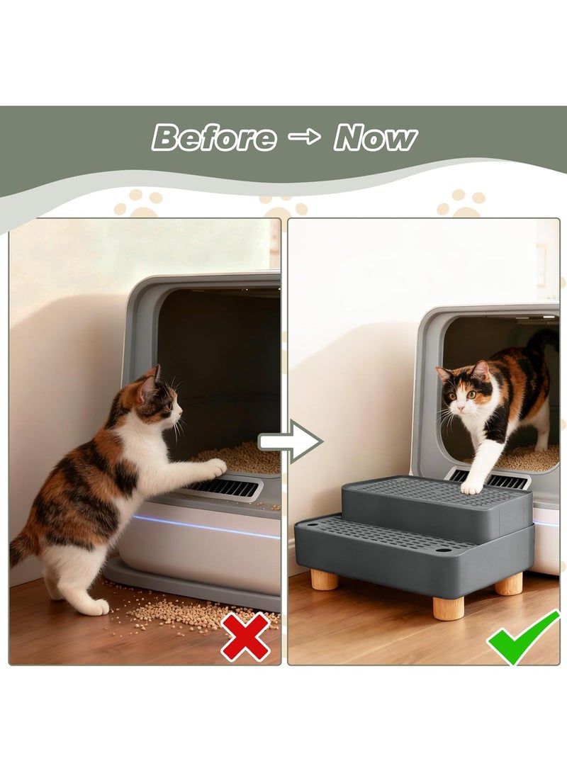 Meetion Elevated Cat Ramp for Litter Box, 2 Steps Cat Pedal Step Stool with Wooden Base, Detachable Double Layered Cats Litter Trapper, Suitable for Small&Elderly Cats, Non-Slip(Dark Grey) - Image 4